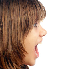 Profile of the pretty girl screaming