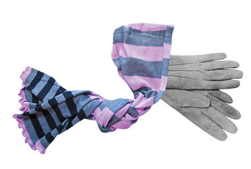 Beautiful grey suede (leather) women's gloves and color neckerch