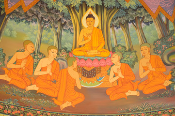 Painted on temple wall about buddha's biography