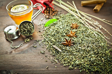 green tea and aromatic spice for decoration