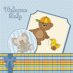 welcome baby card with boy teddy bear and his duck