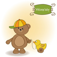 welcome baby card with boy teddy bear and his duck
