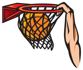 Illustration of an arm dunking a basketball in a slam dunk © tribalium81