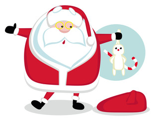 Cartoon Santa holding a rabbit. Vector illustration