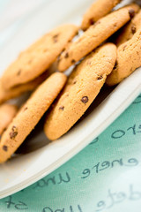 chocolate chip cookies on blue table set