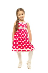 pretty little girl in pink dress on white background