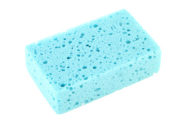 Blue piece of sponge on white background.
