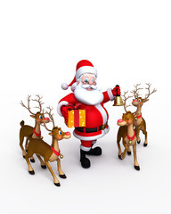 Happy Santa Claus with bell and his reindeer