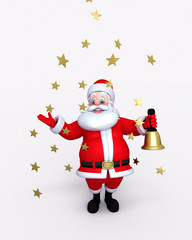 Happy Santa Claus holding bell with stars falls.