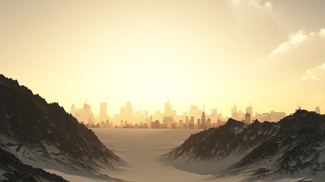 Futuristic Cityscape in Winter Sunset