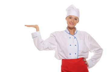 woman chef with an outstretched hand