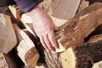 hand of worker on a stack of wood