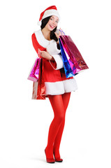 Sexy santa red girl with gift bag on white background
