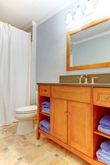 Blue simple small bathroom interior.