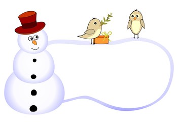Funny snowman and two birds with olive branch