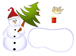 Snowman with tree and a bird with a gift