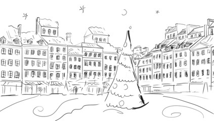 Christmas vintage card with the urban landscape and snowfall