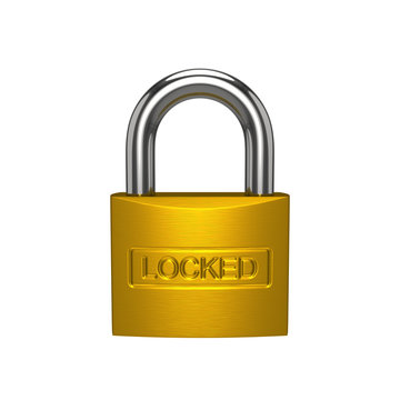 Brass padlock isolated on the white background