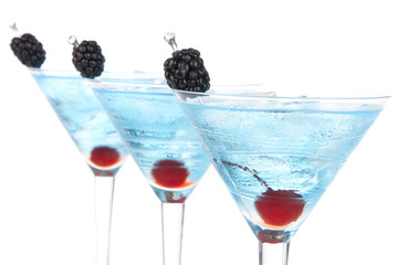 blue martini cocktails row composition with alcohol