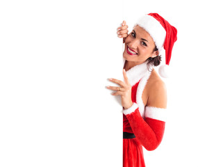 Christmas woman showing copyspace