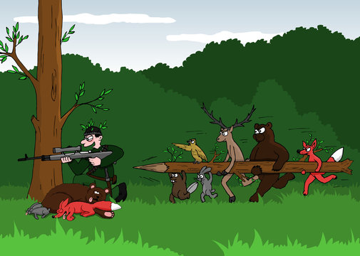 Cartoon joke - poacher and animals Stock Vector | Adobe Stock