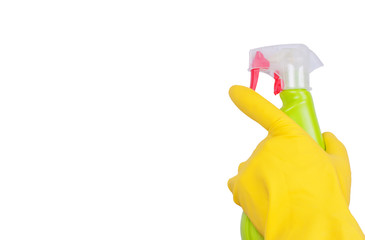 Hand in yellow glove with green sprayer isolated