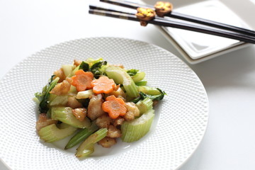 Chinese cuisine, celery and chicken stir fried