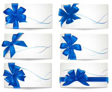 Big set of blue gift bows with ribbons. Vector.