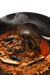 Chinese cooking of eggplant and mice stir fried