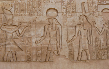 Carving of gods on wall in Kom Ombo temple, Egypt
