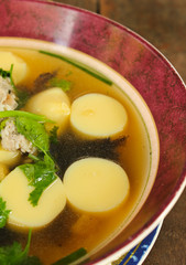 Thai food, famous tofu soup with vegetables and pork