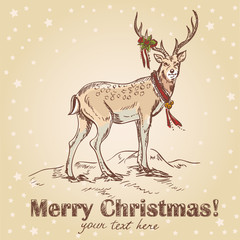 Cute Christmas hand drawn retro postcard with  santa's deer
