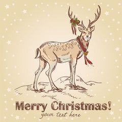 Cute Christmas hand drawn retro postcard with  santa's deer © Yuzach