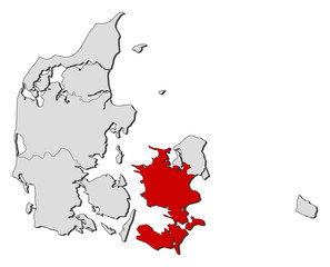 Map of Danmark, Zealand highlighted