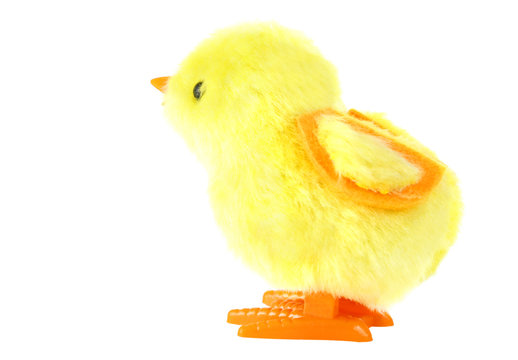 Side View Of Clockwork Toy Fluffy Yellow Chick With Orange Feet