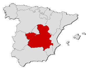 Fototapeta premium Map of Spain, Castile-La Mancha highlighted