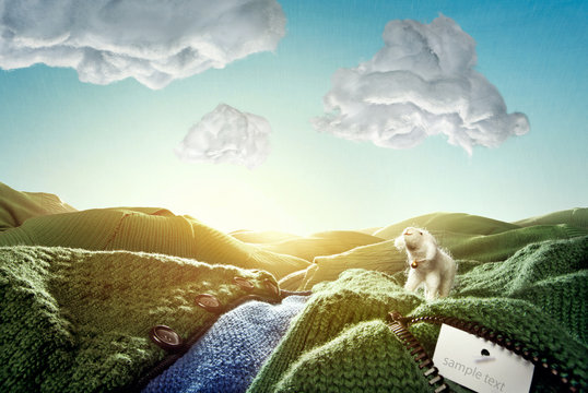 Cute sheep in a knitted clothing landscape