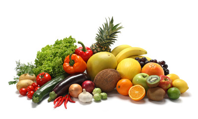 Fresh vegetables and fruits on white