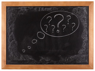 Questions in think bubble on blackboard