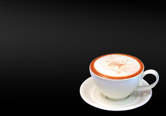 coffee in white cup, Cappuccino isolated black.