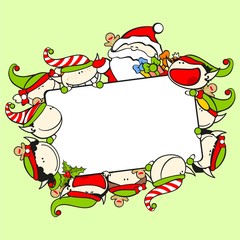 Christmas frame with Santa Claus and elves