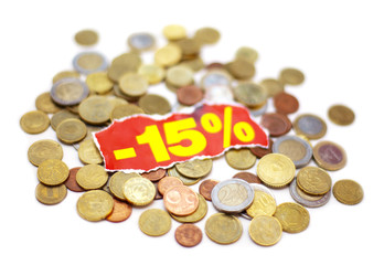 étiquette de démarque de 15 % sur des monnaies