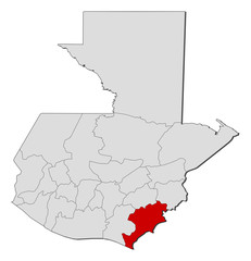 Map of Guatemala, Jutiapa highlighted