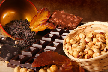 Assortimento di cioccolata con nocciole tostate