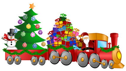 Santa Reindeer Snowman in Train with Gifts and Christmas Tree