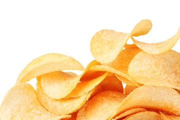 Delicious potato chips isolated on white