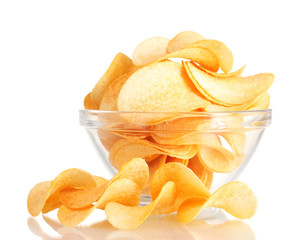 Delicious potato chips in bowl isolated on white