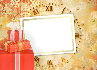 Holiday gift boxes decorated with bows and ribbons on the bright