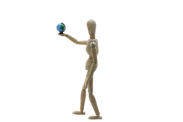 A Wooden Manikin Holding A World Globe