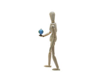 A Wooden Manikin Holding A World Globe